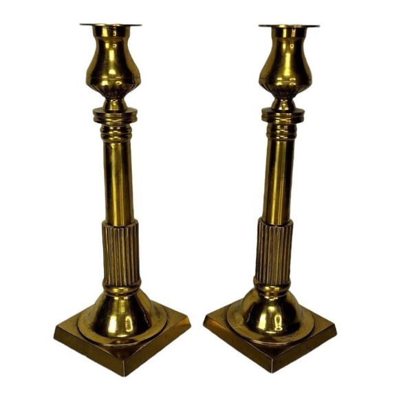 Vintage 60s 70s MCM Heavy Solid Brass Gold Tapered Candle Holders Made In Japan - Picture 10 of 12